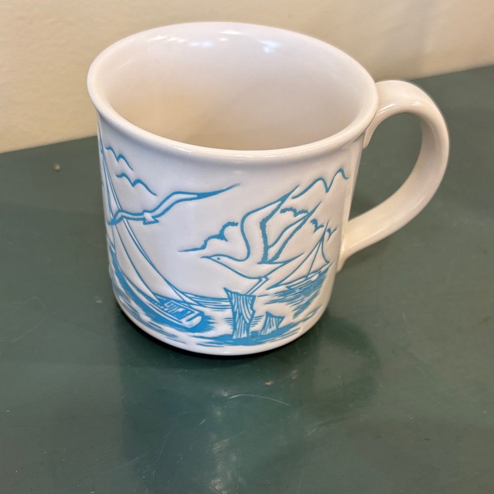 Vintage Otagiri White Ceramic Mug with Embossed Blue Seagull & Sailboat Motif